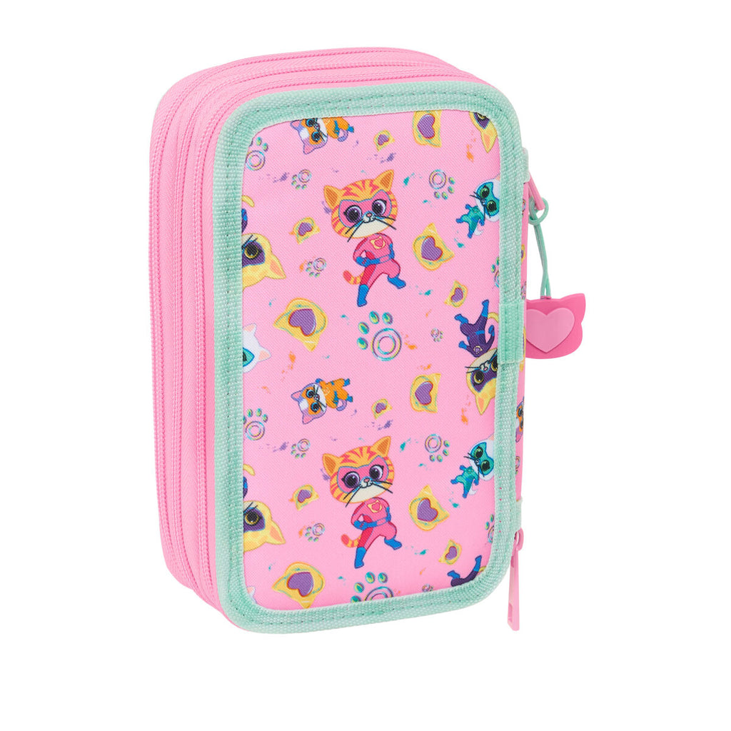 Dreifaches Federmäppchen SuperKitties Rosa türkis 12,5 x 19,5 x 5,5 cm 37 Stücke