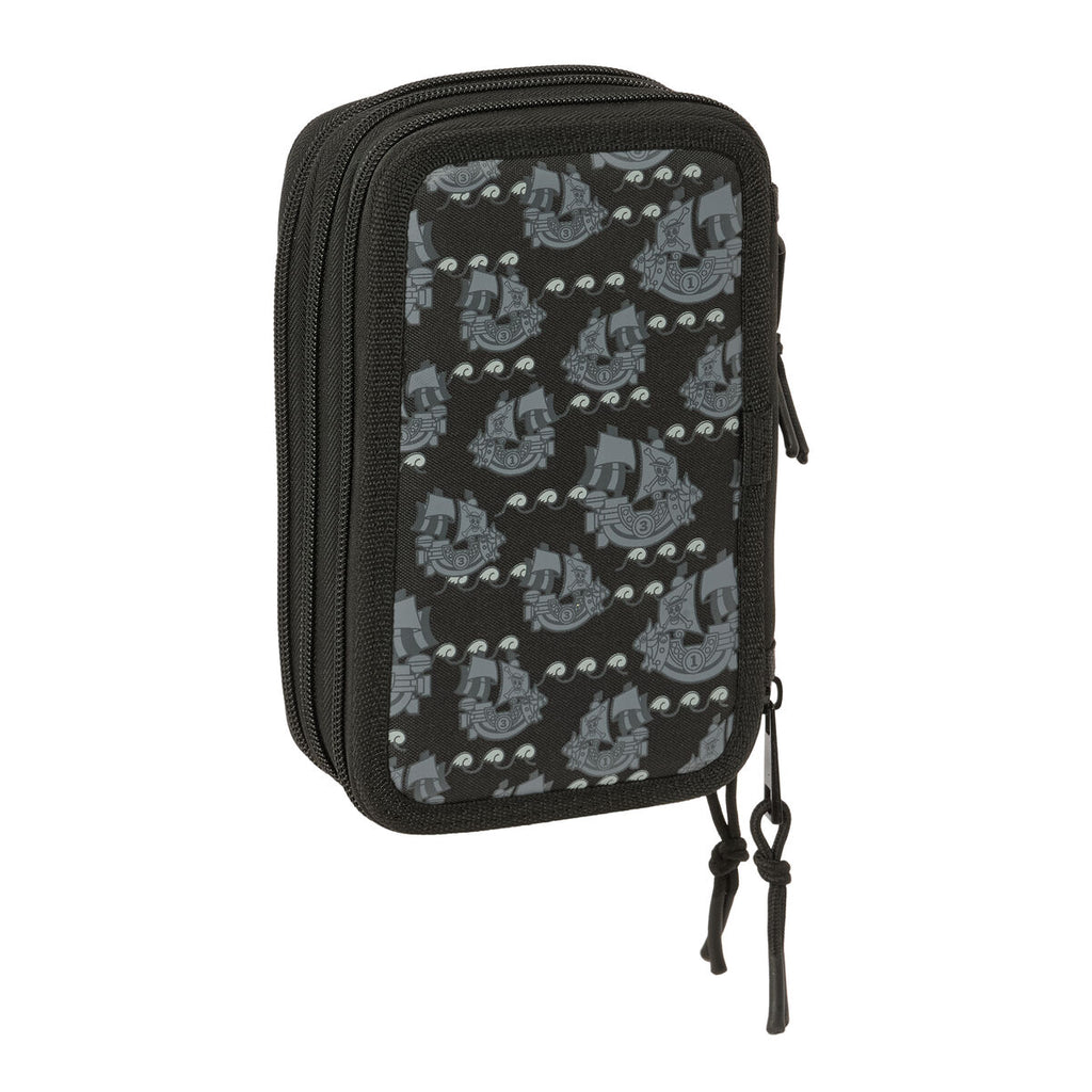 Dreifaches Federmäppchen One Piece Pirates Schwarz 12,5 x 19,5 x 5,5 cm 37 Stücke
