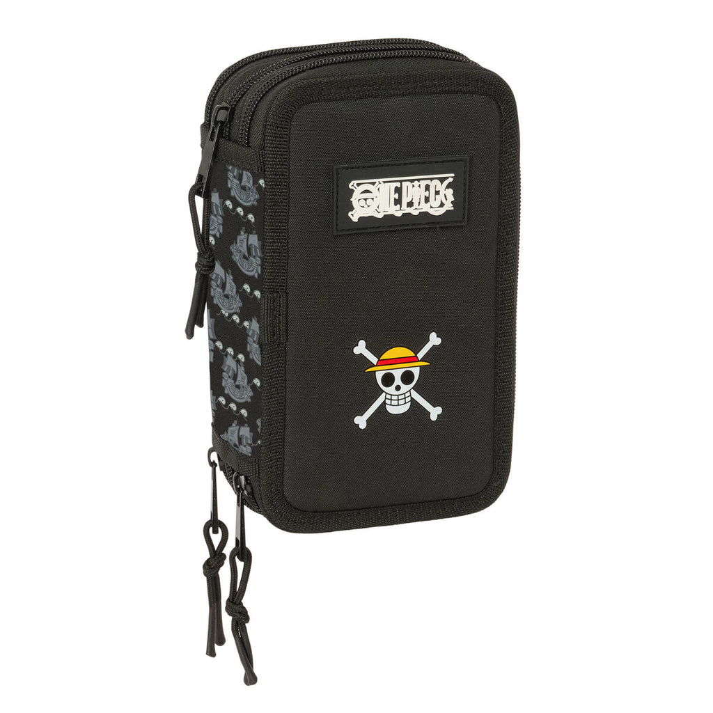 Dreifaches Federmäppchen One Piece Pirates Schwarz 12,5 x 19,5 x 5,5 cm 37 Stücke