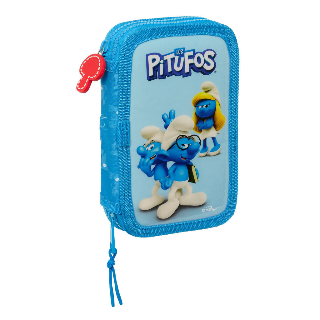 Doppel-Federtasche Los Pitufos Blau Himmelsblau 12.5 x 19.5 x 4 cm (28 Stücke)