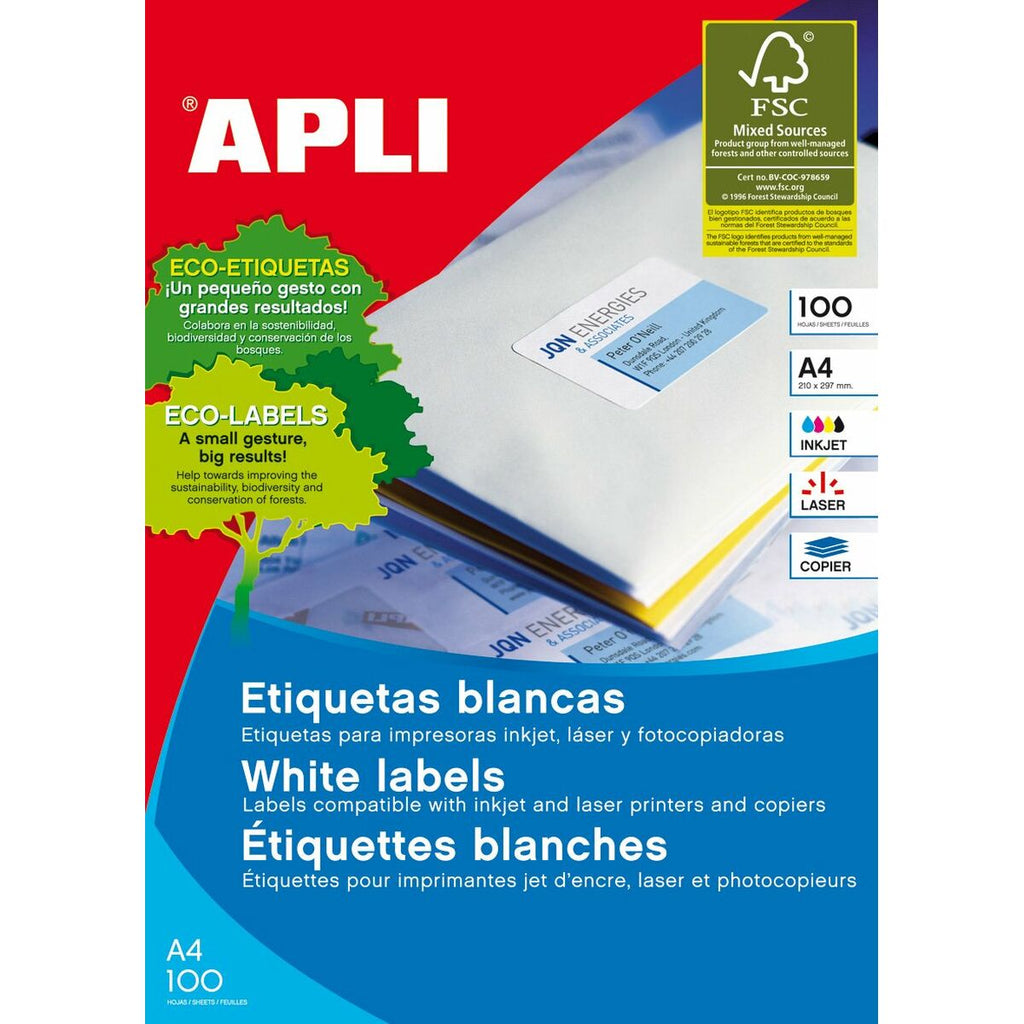 Klebeetiketten Apli 01277 100 Blatt 105 x 42,4 mm Weiß Papier