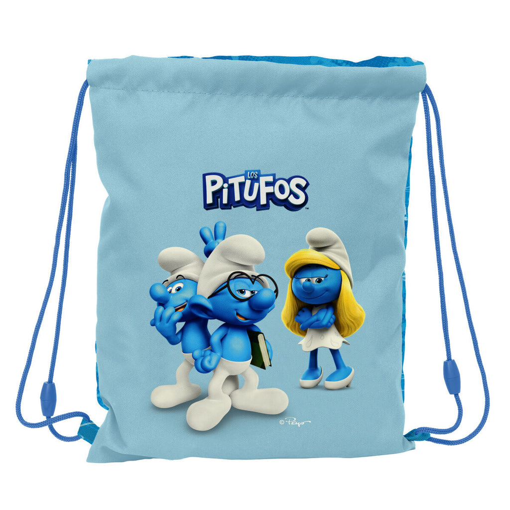 Rucksacktasche mit Bändern Los Pitufos Blau Himmelsblau 26 x 34 x 1 cm