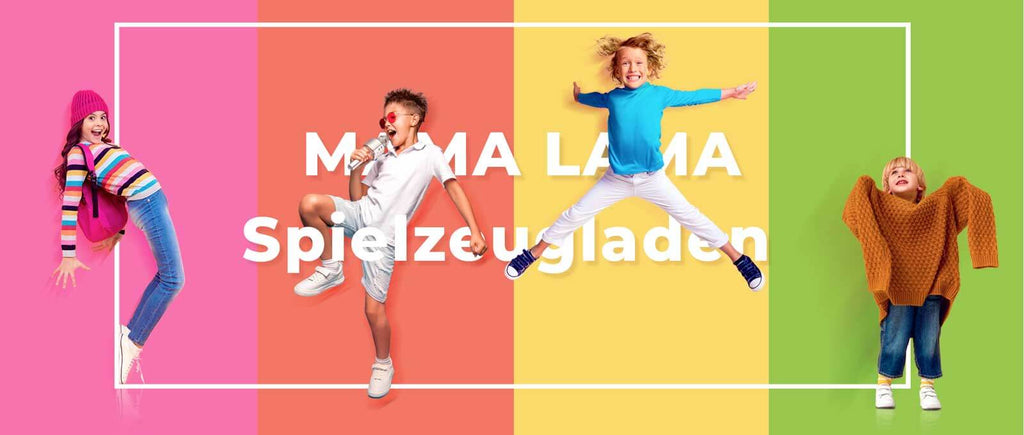 Vier Kinder haben spaß im Mama-Lama Spielzeugladen