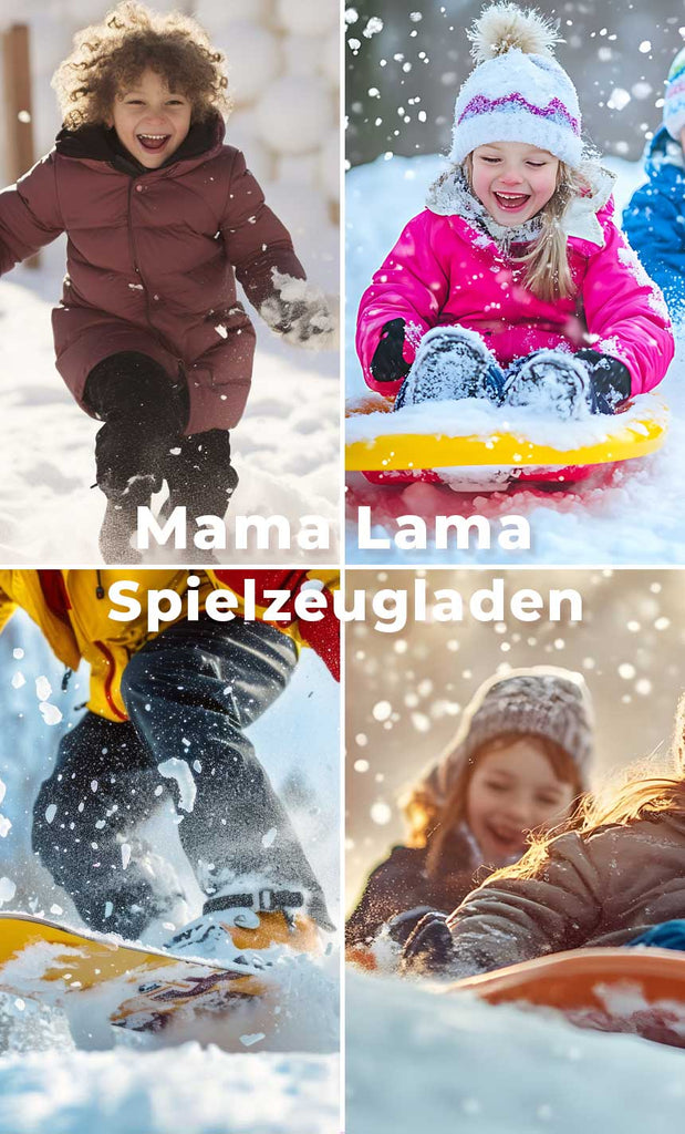 Vier fröhliche Kinder in bunten Winterkleidern lachen, während sie im Schnee Schlitten fahren, umgeben von fallenden Schneeflocken.